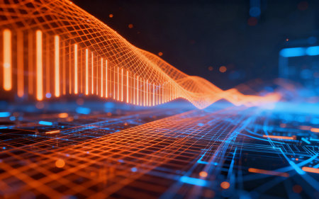 Abstract technology background with glowing lines and dots. 3D Renderingの素材