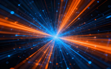 abstract background with blue and orange rays of light and lens flareの素材