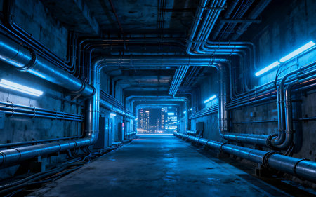 Industrial interior of a power plant with blue neon lights and pipesの素材