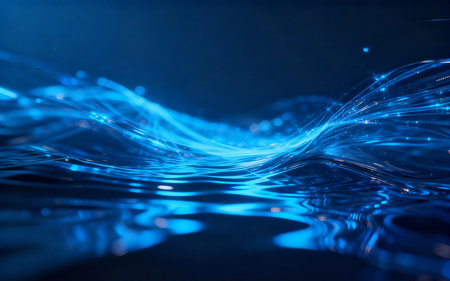 abstract blue background with waves and bokeh, 3d renderの素材