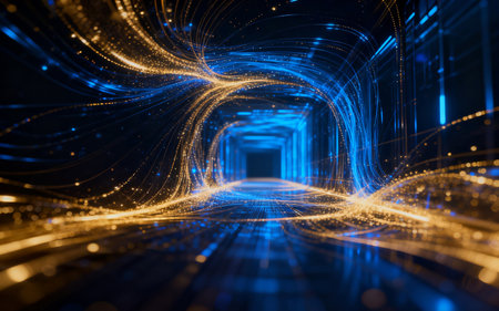 3d rendering of abstract technology background. Futuristic tunnel with glowing particles.の素材