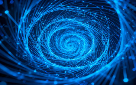 Abstract blue background with luminous swirling. Elegant glowing circle. Sparking particle. Space tunnel. Glossy jellyfish. Colorful ellipse. Glint sphereの素材