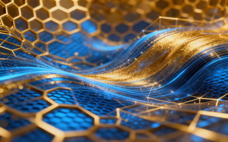 Abstract blue background with hexagons and golden lines. 3d renderingの素材