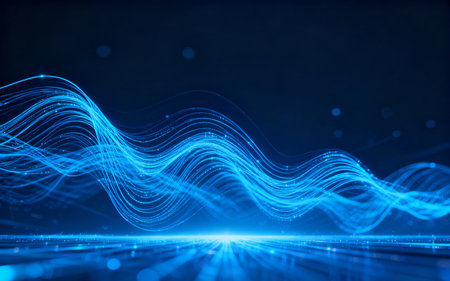 abstract blue background with glowing particles and lines, 3d render illustrationの素材