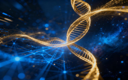 DNA molecule on a dark blue background. 3d rendering toned imageの素材