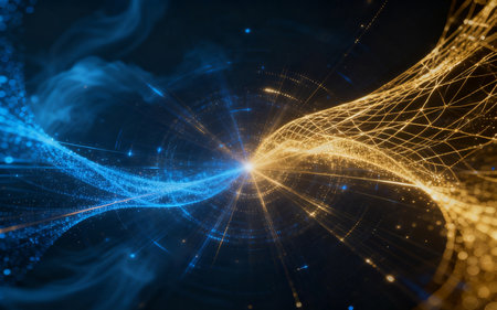 Abstract technology background with glowing particles and lines. 3d render illustrationの素材