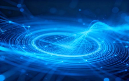 abstract blue background with glowing particles, lines and bokehの素材