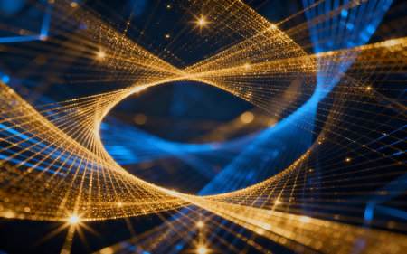 abstract 3d illustration of glowing particles and lines in empty spaceの素材