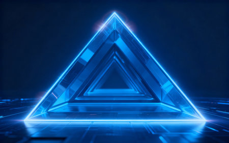 Glowing triangle on dark background. 3D rendering. Neon lightsの素材