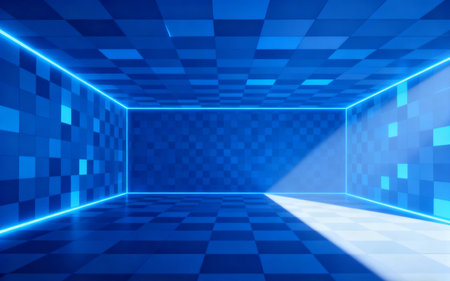 Abstract blue background with neon light. 3d render. Empty roomの素材
