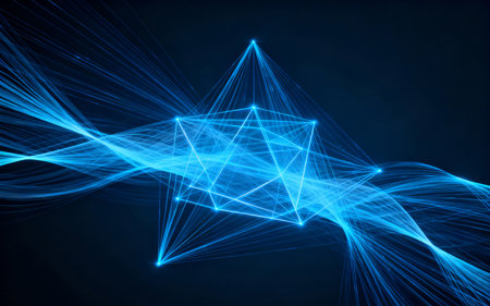 abstract blue background with glowing lines and triangles, 3d renderの素材