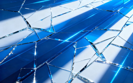 broken glass on a blue background with rays of light. close-upの素材