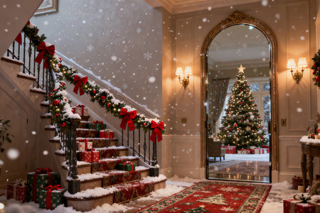 Christmas tree with gifts in the interior of the house under the snowの素材