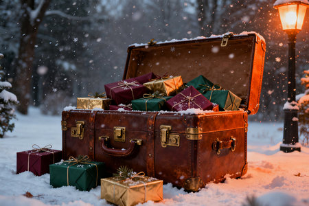 Old suitcase with Christmas gifts on snowfall background. Winter holidays concept.の素材