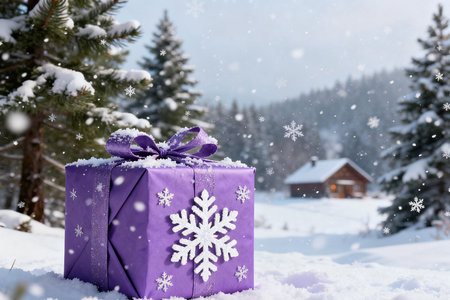 Gift box with purple ribbon and snowflakes in winter forestの素材