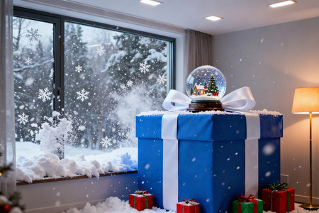 Snow globe and gift box on window sill at home during snowfallの素材
