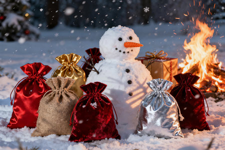 Christmas and New Year background with snowman, gifts and fire in the forestの素材