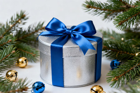 Silver gift box with blue ribbon and christmas decoration on white backgroundの素材