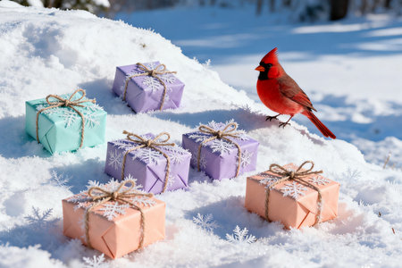 Red cardinal bird on a snow with colorful gift boxes in the backgroundの素材