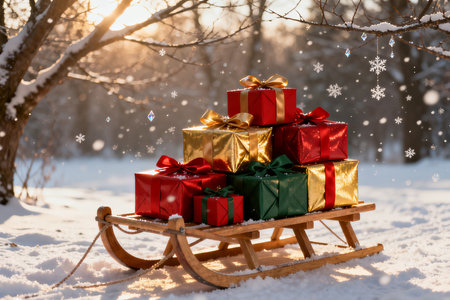 Christmas gift boxes on a wooden sledge in the winter forest.の素材