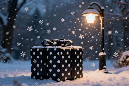 Gift box with bow on snowfall background. Christmas and New Year concept.の素材