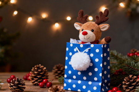 Christmas gift with reindeer on wooden table with bokeh backgroundの素材