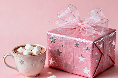 Hot chocolate with marshmallows and gift box on pink background.の素材