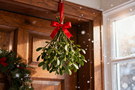 Mistletoe with red bow hanging on the door with snow fallingの素材