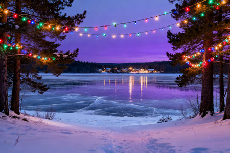 Frozen lake and christmas lights at night. Winter landscape.の素材