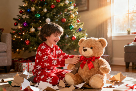 Little boy in Christmas pajamas playing with teddy bear at homeの素材