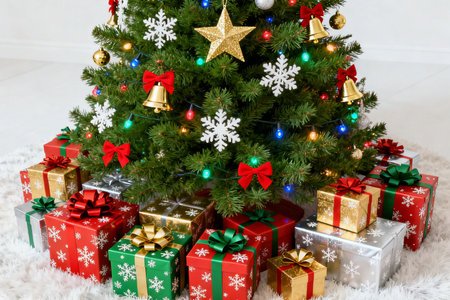 Decorated Christmas tree with gift boxes on white fur carpet backgroundの素材