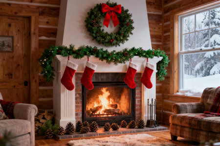 Beautiful Christmas and New Year interior with fireplace, Christmas tree and giftsの素材