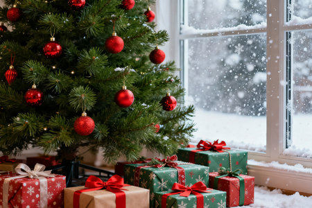 Christmas tree with presents on a background of the window in the winterの素材