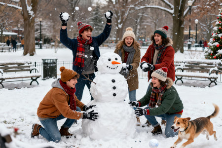 Group of friends making a snowman in the park. Winter holidays concept.の素材