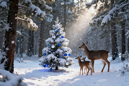 Two fawns and a Christmas tree in the snowy forest.の素材