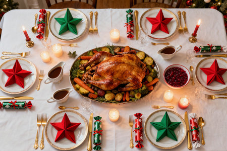 Christmas table setting with roasted turkey and christmas decorations. Top view.の素材