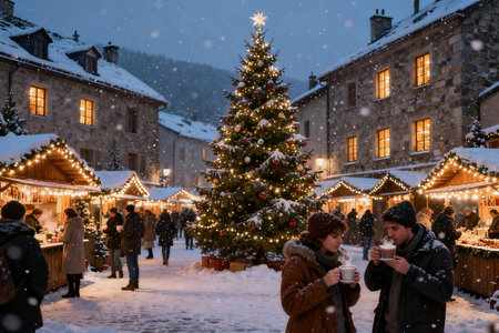 Unidentified people at Christmas market in Banska Stiavnica, Slovakiaの素材