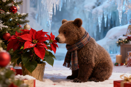 Cute little brown bear sitting near Christmas tree with red poinsettiaの素材