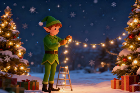 Santa Claus with ladder and Christmas tree on background. Christmas card.の素材