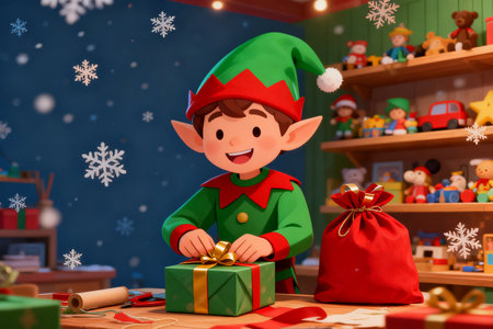 3D illustration of a christmas elf opening a gift box.の素材