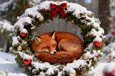 Red fox in a wreath of fir branches in the winter forestの素材