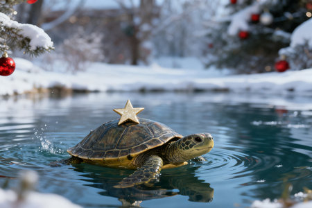 turtle in the snow with a star in his mouth, Christmasの素材