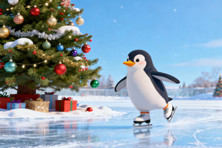 Penguin figure skating on ice rink with Christmas tree in backgroundの素材