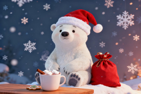 White polar bear with a cup of hot chocolatehmallows and Santa Claus hat on a Christmas background.の素材