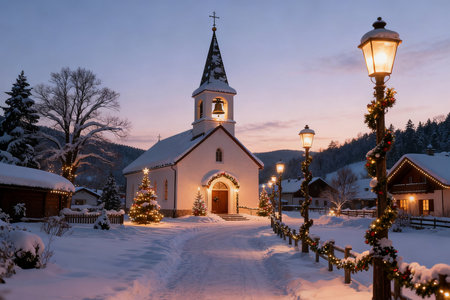 Beautiful christmas landscape with snow covered church in Bled, Sloveniaの素材