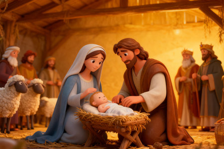 Nativity Scene with Mary, Joseph, Baby Jesus and the Blessed Virgin Maryの素材