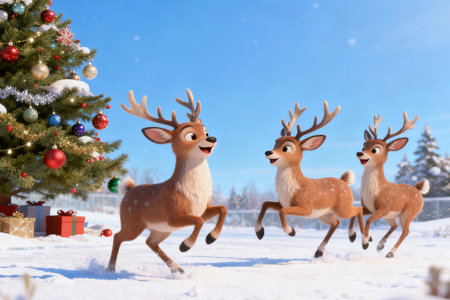 Three deers jumping in the snow against the background of a Christmas treeの素材