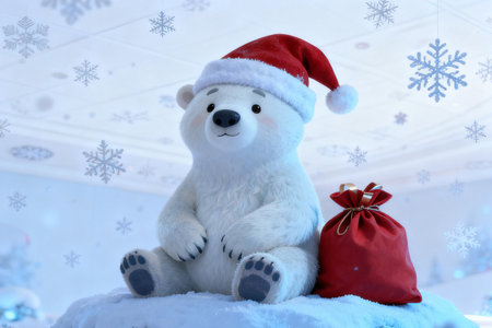 White bear with Santa Claus hat and gift bag on snow background.の素材