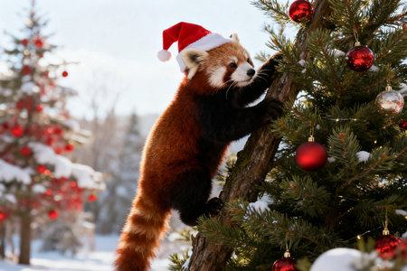 Red panda in Santa Claus hat on the background of Christmas treeの素材