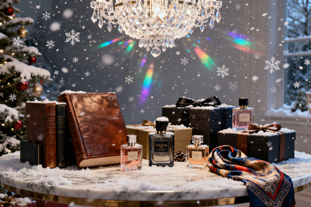 Perfume bottles on a table in a room decorated for Christmasの素材